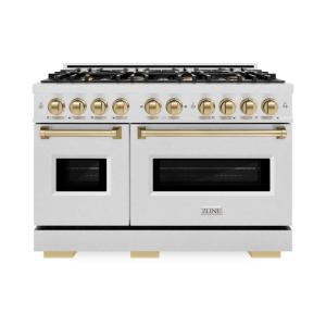 imageZLINE Autograph Edition 48 in 67 cu ft Classic Double Oven Dual Fuel Range with 8 Burner Gas Cooktop in Satin Stainless Steel and Champagne Bronze Accents CDRSZ48CB