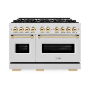 imageZLINE Autograph Edition 48 in 67 cu ft Classic Double Oven Dual Fuel Range with 8 Burner Gas Cooktop in Satin Stainless Steel and Polished Gold Accents CDRSZ48G