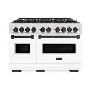 imageZLINE Autograph Edition 48 in 67 cu ft Classic Double Oven Dual Fuel Range with 8 Burner Gas Cooktop in Satin Stainless Steel with White Matte Doors and Matte Black Accents CDRSZWM48MB