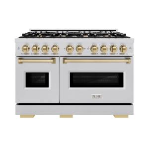 imageZLINE Autograph Edition 48 in 67 cu ft Classic Double Oven Dual Fuel Range with 8 Burner Gas Cooktop in Stainless Steel and Champagne Bronze Accents CDRZ48CB