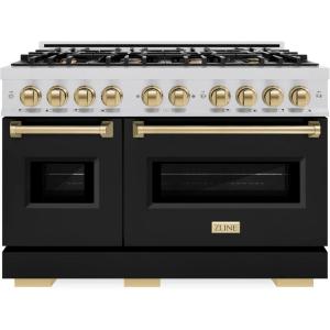 imageZLINE Autograph Edition 48 in 67 cu ft Classic Double Oven Dual Fuel Range with 8 Burner Gas Cooktop in Stainless Steel with Black Matte Doors and Champagne Bronze Accents CDRZBLM48CB