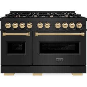 imageZLINE Autograph Edition 48 in 67 cu ft Classic Double Oven Gas Range with 8 Burner Cooktop in Black Stainless Steel and Champagne Bronze Accents CGRBZ48CB