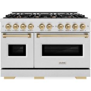 imageZLINE Autograph Edition 48 in 67 cu ft Classic Double Oven Gas Range with 8 Burner Cooktop in Satin Stainless Steel and Champagne Bronze Accents CGRSZ48CB