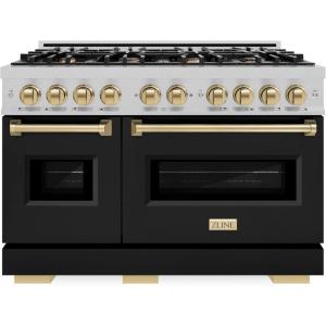 imageZLINE Autograph Edition 48 in 67 cu ft Classic Double Oven Gas Range with 8 Burner Cooktop in Satin Stainless Steel with Black Matte Doors and Champagne Bronze Accents CGRSZBLM48CB