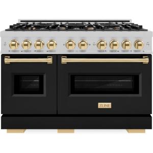 imageZLINE Autograph Edition 48 in 67 cu ft Classic Double Oven Gas Range with 8 Burner Cooktop in Satin Stainless Steel with Black Matte Doors and Polished Gold Accents CGRSZBLM48G