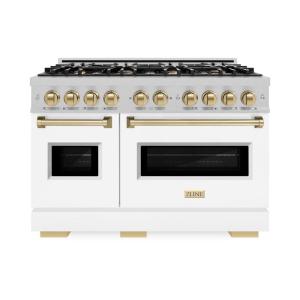 imageZLINE Autograph Edition 48 in 67 cu ft Classic Double Oven Gas Range with 8 Burner Cooktop in Satin Stainless Steel with White Matte Doors and Champagne Bronze Accents CGRSZWM48CB