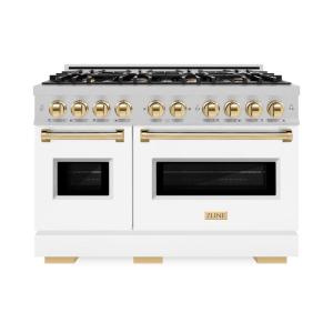 imageZLINE Autograph Edition 48 in 67 cu ft Classic Double Oven Gas Range with 8 Burner Cooktop in Satin Stainless Steel with White Matte Doors and Polished Gold Accents CGRSZWM48G
