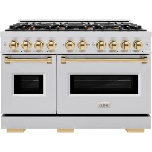 imageZLINE Autograph Edition 48 in 67 cu ft Classic Double Oven Gas Range with 8 Burner Cooktop in Stainless Steel and Polished Gold Accents CGRZ48G