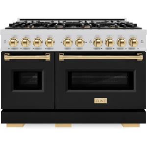 imageZLINE Autograph Edition 48 in 67 cu ft Classic Double Oven Gas Range with 8 Burner Cooktop in Stainless Steel with Black Matte Doors and Polished Gold Accents CGRZBLM48G
