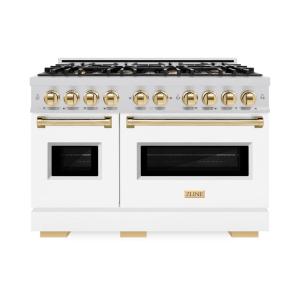 imageZLINE Autograph Edition 48 in 67 cu ft Classic Double Oven Gas Range with 8 Burner Cooktop in Stainless Steel with White Matte Doors and Polished Gold Accents CGRZWM48G