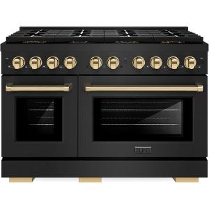 imageZLINE Autograph Edition 48 in 67 cu ft Paramount Dual Fuel Range with 8 Burner DuoPro Cooktop and Dual Ovens in Black Stainless Steel and Polished Gold Accents PSDRBZ48G