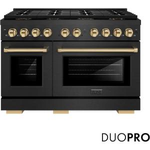 imageZLINE Autograph Edition 48 in 67 cu ft Paramount Gas Range with 8 Burner DuoPro Cooktop and Dual Ovens in Black Satin Stainless Steel and Polished Gold Accents PSGRBSZ48G