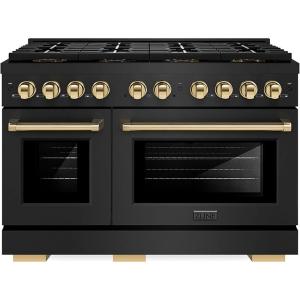 imageZLINE Autograph Edition 48 in 67 cu ft Paramount Gas Range with 8 Burner DuoPro Cooktop and Dual Ovens in Black Stainless Steel and Polished Gold Accents PSGRBZ48G