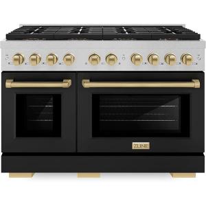 imageZLINE Autograph Edition 48 in 67 cu ft Paramount Gas Range with 8 Burner DuoPro Cooktop and Dual Ovens in Satin Stainless Steel with Black Doors and Champagne Bronze Accents PSGRSZBLM48CB
