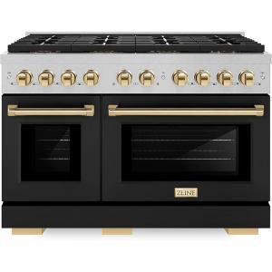 imageZLINE Autograph Edition 48 in 67 cu ft Paramount Gas Range with 8 Burner DuoPro Cooktop and Dual Ovens in Satin Stainless Steel with Black Matte Doors and Polished Gold Accents PSGRSZBLM48G