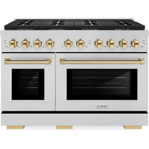 imageZLINE Autograph Edition 48 in 67 cu ft Paramount Gas Range with 8 Burner DuoPro Cooktop and Dual Ovens in Stainless Steel and Polished Gold Accents PSGRZ48G