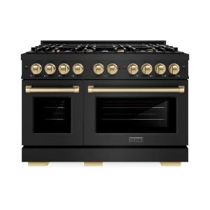 imageZLINE Autograph Edition 48 in 67 cu ft Select Double Oven Dual Fuel Range with 8 Burner Gas Cooktop in Black Stainless Steel and Champagne Bronze Accents HDRBZ48CB