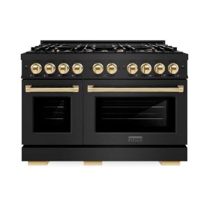 imageZLINE Autograph Edition 48 in 67 cu ft Select Double Oven Dual Fuel Range with 8 Burner Gas Cooktop in Black Stainless Steel and Polished Gold Accents HDRBZ48G