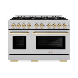 imageZLINE Autograph Edition 48 in 67 cu ft Select Double Oven Dual Fuel Range with 8 Burner Gas Cooktop in Satin Stainless Steel and Champagne Bronze Accents HDRSZ48CB