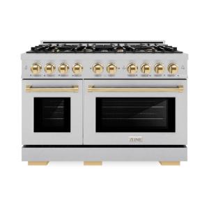 imageZLINE Autograph Edition 48 in 67 cu ft Select Double Oven Dual Fuel Range with 8 Burner Gas Cooktop in Satin Stainless Steel and Polished Gold Accents HDRSZ48G