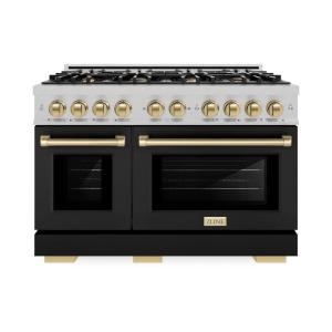 imageZLINE Autograph Edition 48 in 67 cu ft Select Double Oven Dual Fuel Range with 8 Burner Gas Cooktop in Satin Stainless Steel with Black Matte Doors and Champagne Bronze Accents HDRSZBLM48CB