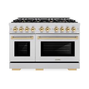imageZLINE Autograph Edition 48 in 67 cu ft Select Double Oven Dual Fuel Range with 8 Burner Gas Cooktop in Stainless Steel and Polished Gold Accents HDRZ48G
