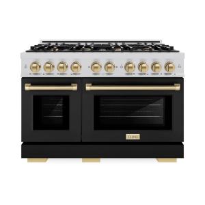 imageZLINE Autograph Edition 48 in 67 cu ft Select Double Oven Dual Fuel Range with 8 Burner Gas Cooktop in Stainless Steel with Black Matte Doors and Champagne Bronze Accents HDRZBLM48CB