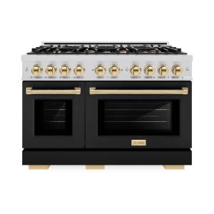 imageZLINE Autograph Edition 48 in 67 cu ft Select Double Oven Dual Fuel Range with 8 Burner Gas Cooktop in Stainless Steel with Black Matte Doors and Polished Gold Accents HDRZBLM48G