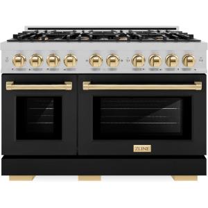 imageZLINE Autograph Edition 48 in 67 cu ft Select Double Oven Gas Range with 8 Burner Cooktop in Satin Stainless Steel with Black Matte Doors and Polished Gold Accents HGRSZBLM48G