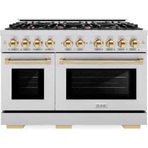 imageZLINE Autograph Edition 48 in 67 cu ft Select Double Oven Gas Range with 8 Burner Cooktop in Stainless Steel and Polished Gold Accents HGRZ48G