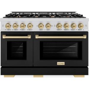 imageZLINE Autograph Edition 48 in 67 cu ft Select Double Oven Gas Range with 8 Burner Cooktop in Stainless Steel with Black Matte Doors and Champagne Bronze Accents HGRZBLM48CB