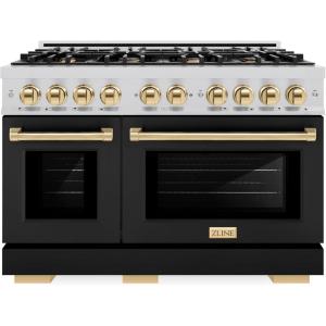 imageZLINE Autograph Edition 48 in 67 cu ft Select Double Oven Gas Range with 8 Burner Cooktop in Stainless Steel with Black Matte Doors and Polished Gold Accents HGRZBLM48G