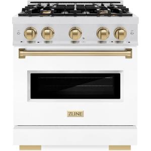 imageZLINE Autograph 30 in Classic Dual Fuel Satin Steel Range wWhite amp Bronze Accents