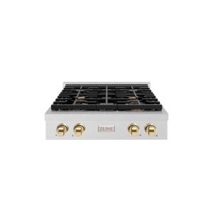 imageZLINE 30 in Autograph Edition Paramount Gas Rangetop with 4 Burners and Porcelain Cooktop in Satin Stainless Steel with Polished Gold Accents SRTSZ30G