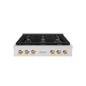 imageZLINE 36 in Autograph Edition Paramount Gas Rangetop with 6 Burners and Porcelain Cooktop in Satin Stainless Steel with Polished Gold Accents SRTSZ36G