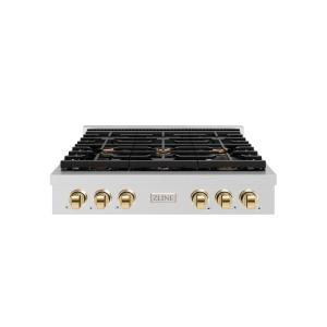 imageZLINE 36 in Autograph Edition Paramount Gas Rangetop with 6 Burners and Porcelain Cooktop in Stainless Steel with Polished Gold Accents SRTZ36G