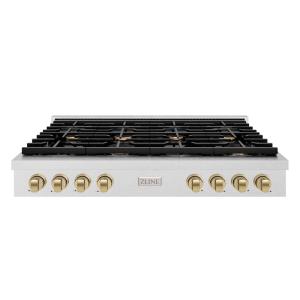 imageZLINE 48 in Autograph Edition Paramount Gas Rangetop with 8 Burners and Porcelain Cooktop in Satin Stainless Steel with Champagne Bronze Accents SRTSZ48CB