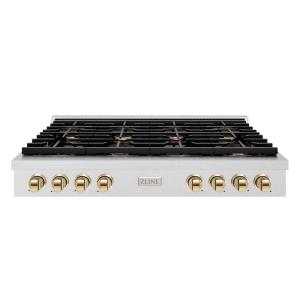 imageZLINE 48 in Autograph Edition Paramount Gas Rangetop with 8 Burners and Porcelain Cooktop in Satin Stainless Steel with Polished Gold Accents SRTSZ48G