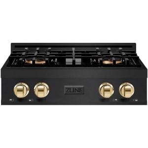 imageZLINE Autograph Edition 30 in Classic Gas Rangetop with 4 Burner DuoPro Cooktop in Black Stainless Steel and Polished Gold Accents PCRTBZ30G