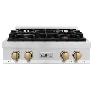 imageZLINE Autograph Edition 30 in Legacy Gas Rangetop with 4 Burners and Porcelain Cooktop in Satin Stainless Steel with Champagne Bronze Accents RTSZ30CB