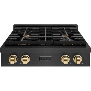imageZLINE Autograph Edition 30 in Paramount Gas Rangetop with 4 Burners and Porcelain Cooktop in Black Satin Stainless Steel with Polished Gold Accents SRTBSZ30G