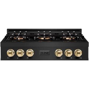 imageZLINE Autograph Edition 36 in Classic Gas Rangetop with 6 Burner DuoPro Cooktop in Black Stainless Steel and Polished Gold Accents PCRTBZ36G