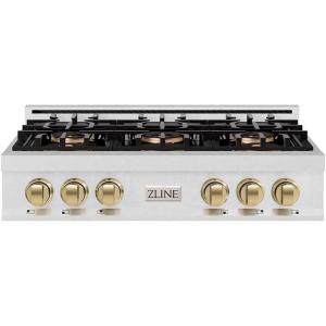 imageZLINE Autograph Edition 36 in Classic Gas Rangetop with 6 Burner DuoPro Cooktop in Satin Stainless Steel and Champagne Bronze Accents PCRTSZ36CB