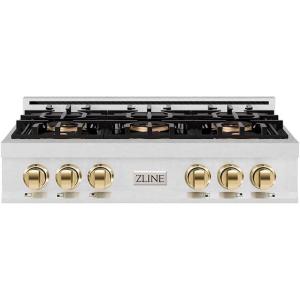 imageZLINE Autograph Edition 36 in Classic Gas Rangetop with 6 Burner DuoPro Cooktop in Satin Stainless Steel and Polished Gold Accents PCRTSZ36G