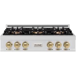 imageZLINE Autograph Edition 36 in Classic Gas Rangetop with 6 Burner DuoPro Cooktop in Stainless Steel and Champagne Bronze Accents PCRTZ36CB