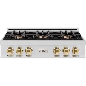 imageZLINE Autograph Edition 36 in Classic Gas Rangetop with 6 Burner DuoPro Cooktop in Stainless Steel and Polished Gold Accents PCRTZ36G