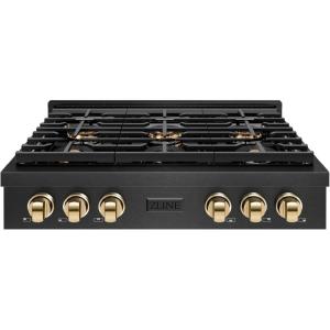 imageZLINE Autograph Edition 36 in Paramount Gas Rangetop with 6 Burner DuoPro Cooktop in Black Satin Stainless Steel and Polished Gold Accents PSRTBSZ36G
