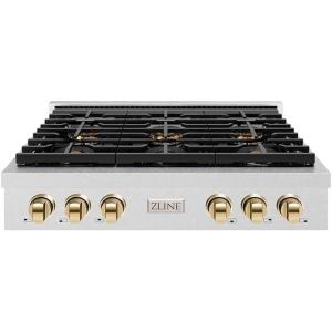 imageZLINE Autograph Edition 36 in Paramount Gas Rangetop with 6 Burner DuoPro Cooktop in Satin Stainless Steel and Polished Gold Accents PSRTSZ36G