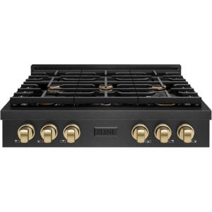 imageZLINE Autograph Edition 36 in Paramount Gas Rangetop with 6 Burners and Porcelain Cooktop in Black Satin Stainless Steel with Champagne Bronze Accents SRTBSZ36CB
