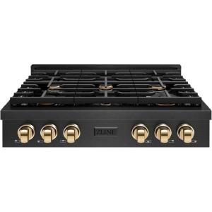 imageZLINE Autograph Edition 36 in Paramount Gas Rangetop with 6 Burners and Porcelain Cooktop in Black Satin Stainless Steel with Polished Gold Accents SRTBSZ36G